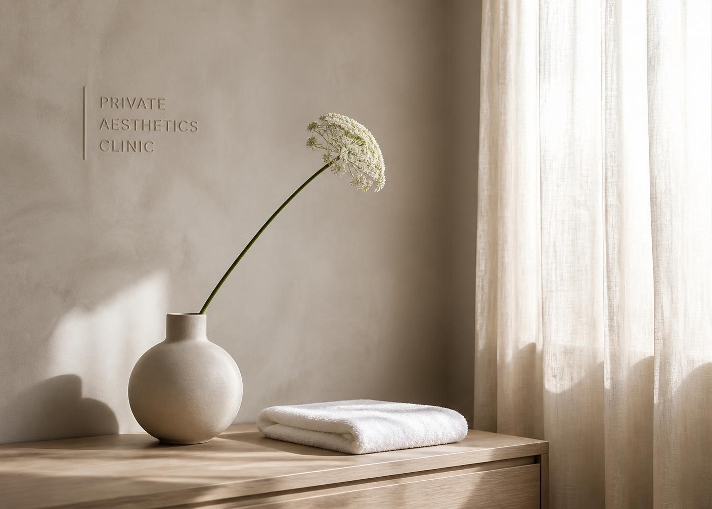 Detail of the clinic interior: warm neutral surfaces and soft daylight